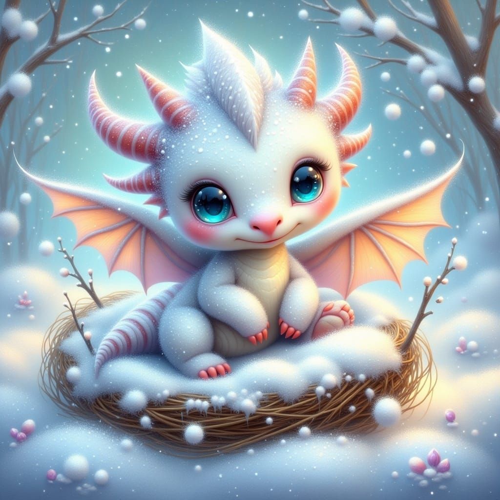 Fluffy Snow Dragon Hatchling in Fantasy Art Style