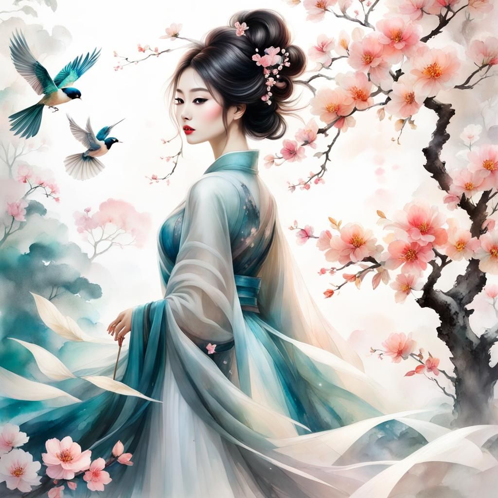 Goddess with Blossoms, Birds, and Trees in Ink Painting