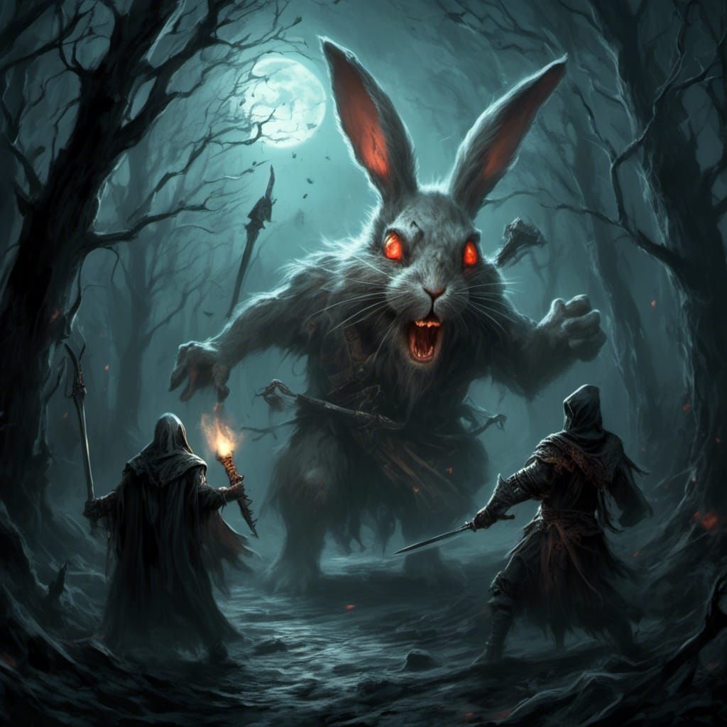 DnD Killer Bunny Attacks Warrior in Fantasy Scene