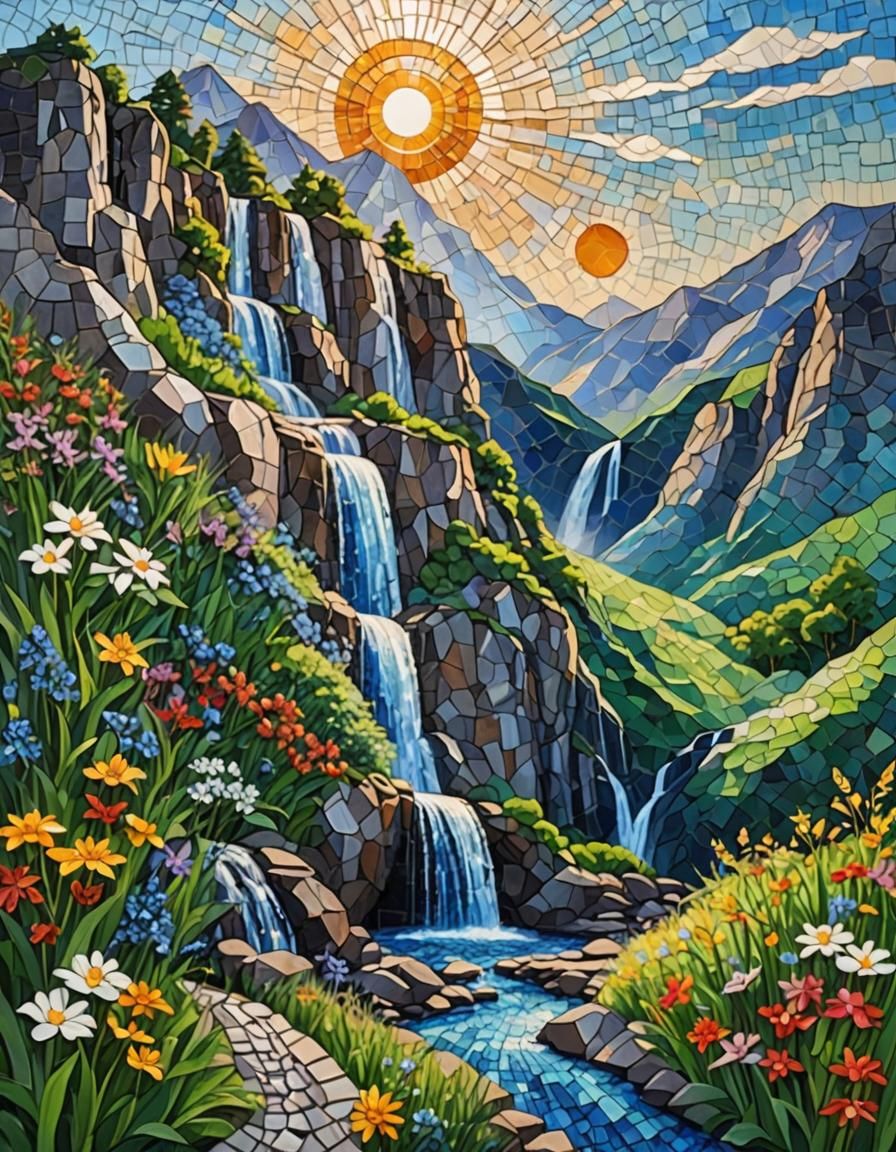Glittery Mosaic Art of a Colourful Waterfall