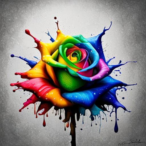 Rainbow Rose in Watercolor Graffiti Art Style