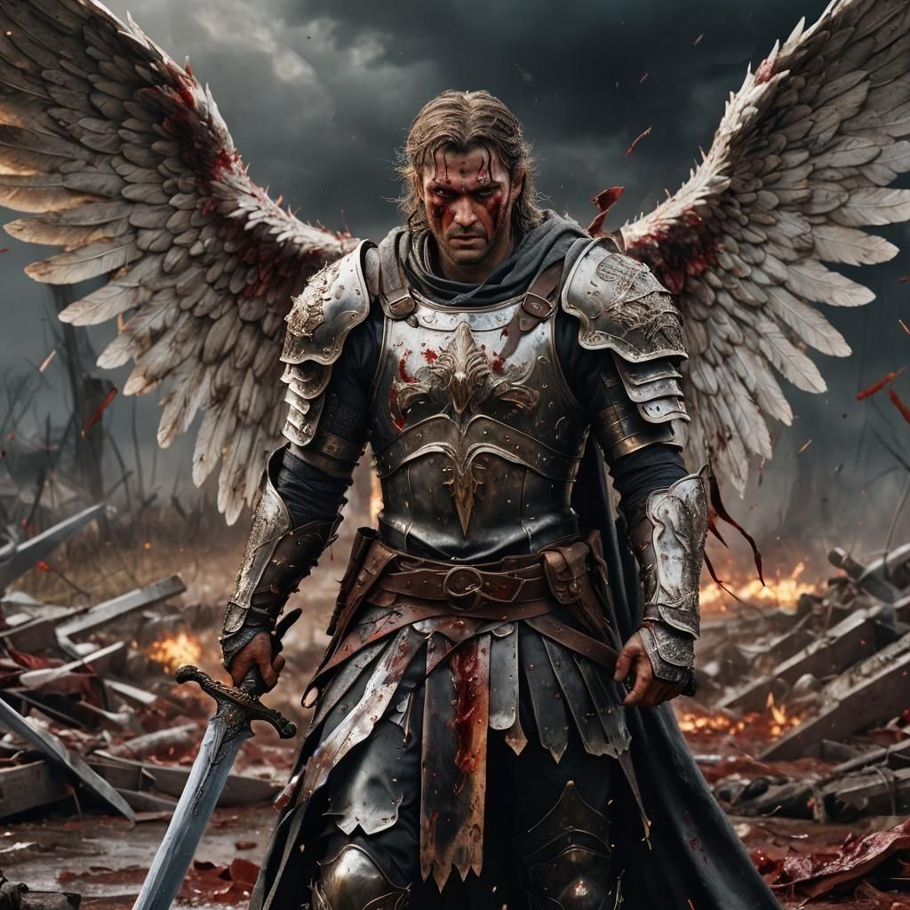 Epic Angelic Warrior in Hyperrealistic Battlefield Portrait