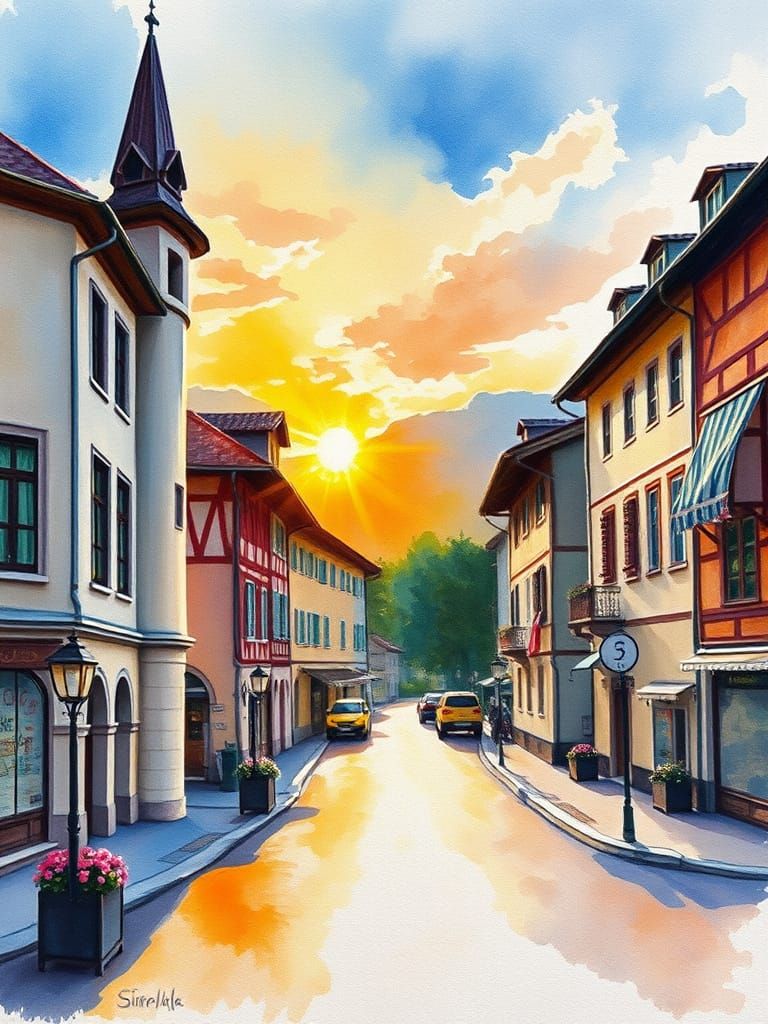 Impressionist Sunrise over Swiss Landmark