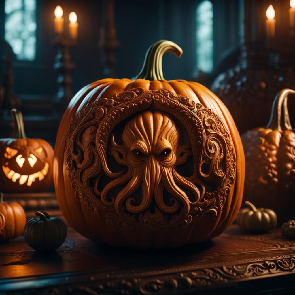 Cthulhu Pumpkin Close-Up in Dark Fantasy Style