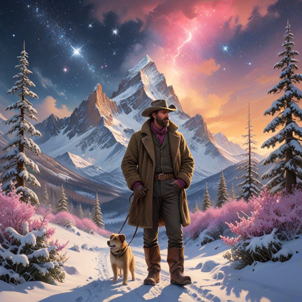 Impressionist Winter Wonderland Scene with Father and Daught...