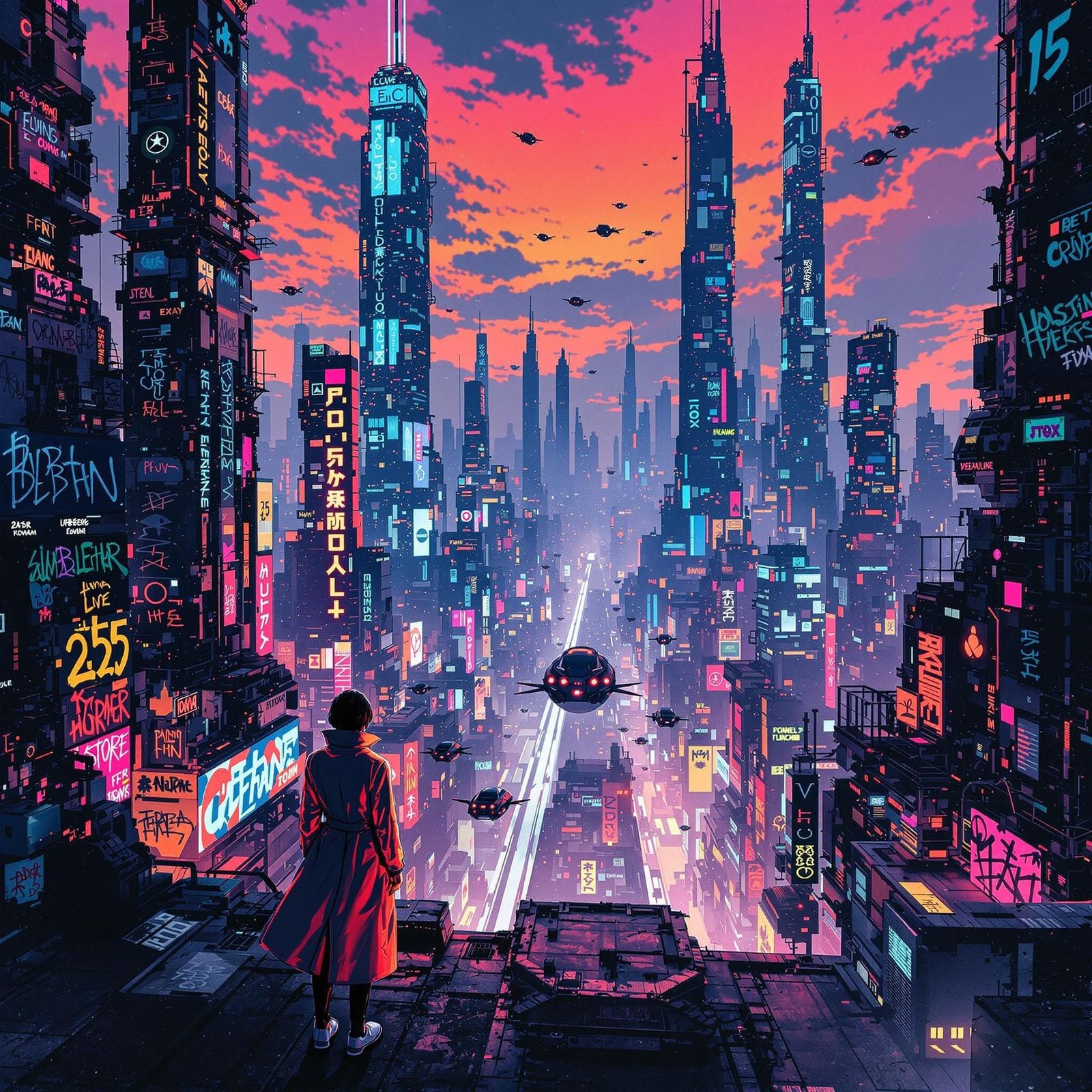 Kaleidoscopic Cyberpunk Cityscape at Twilight
