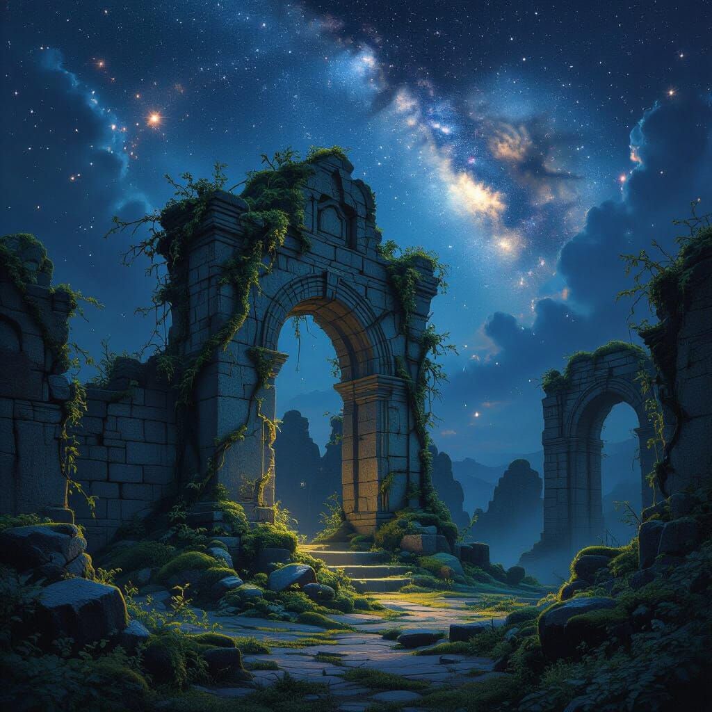 Ethereal Elven Ruin Under Nebula Sky