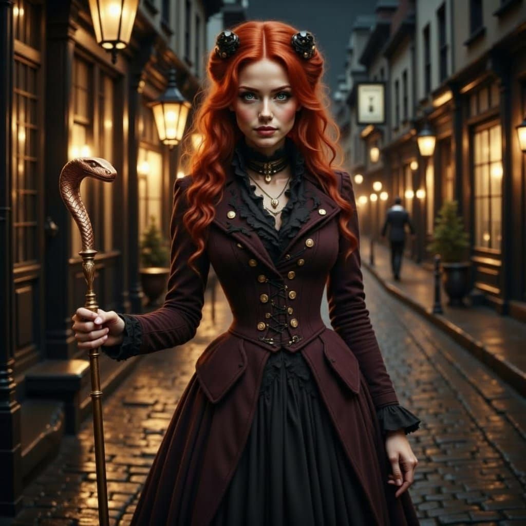 Victorian Woman With Snake Crutch At Night