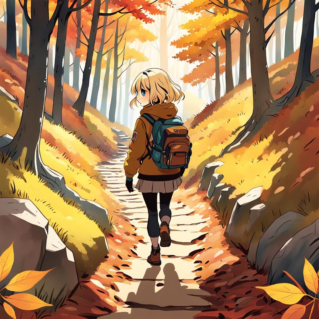 Anime Girl Hiking Through Autumn Woods