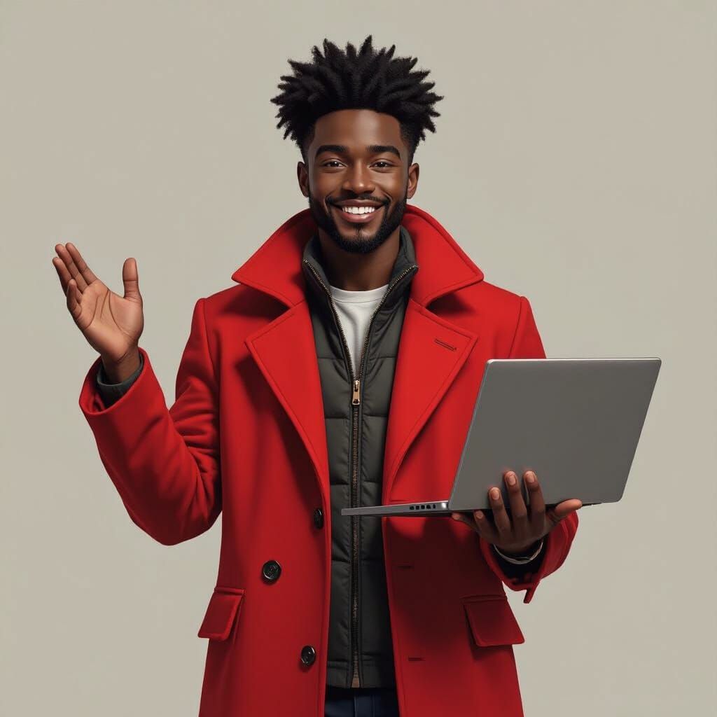 Smiling Black Man in Red Coat Holding Laptop