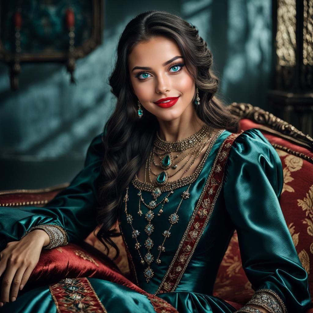 Gorgeous Woman in Medieval Dress with Emerald Eyes