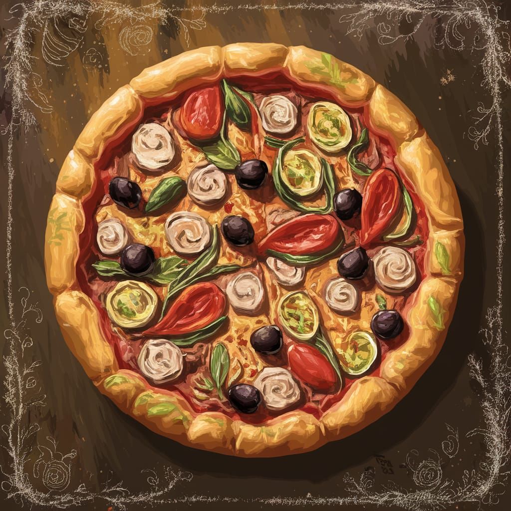 Vibrant Folk Art Pizza with Whimsical Vegetarian Toppings
