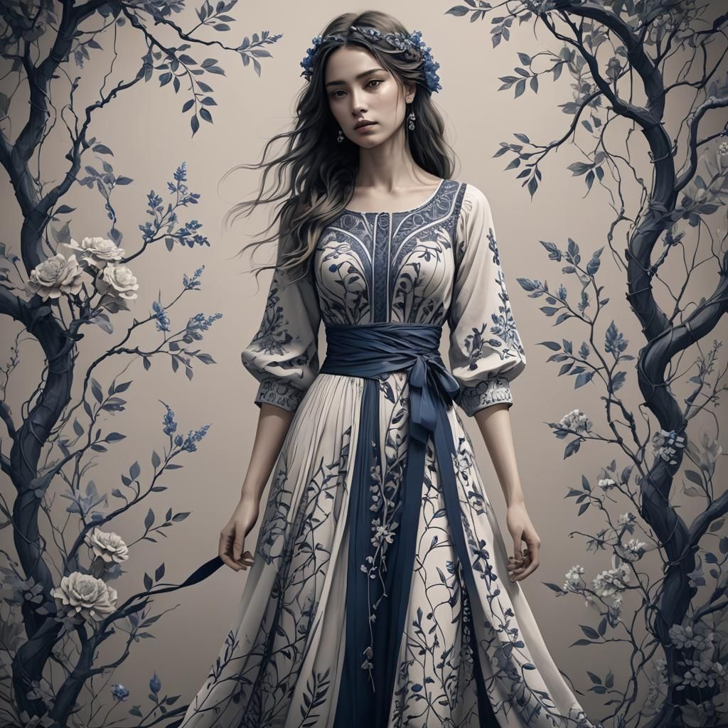 Fantasy Woman in Embroidered Dress, Detailed Drawing