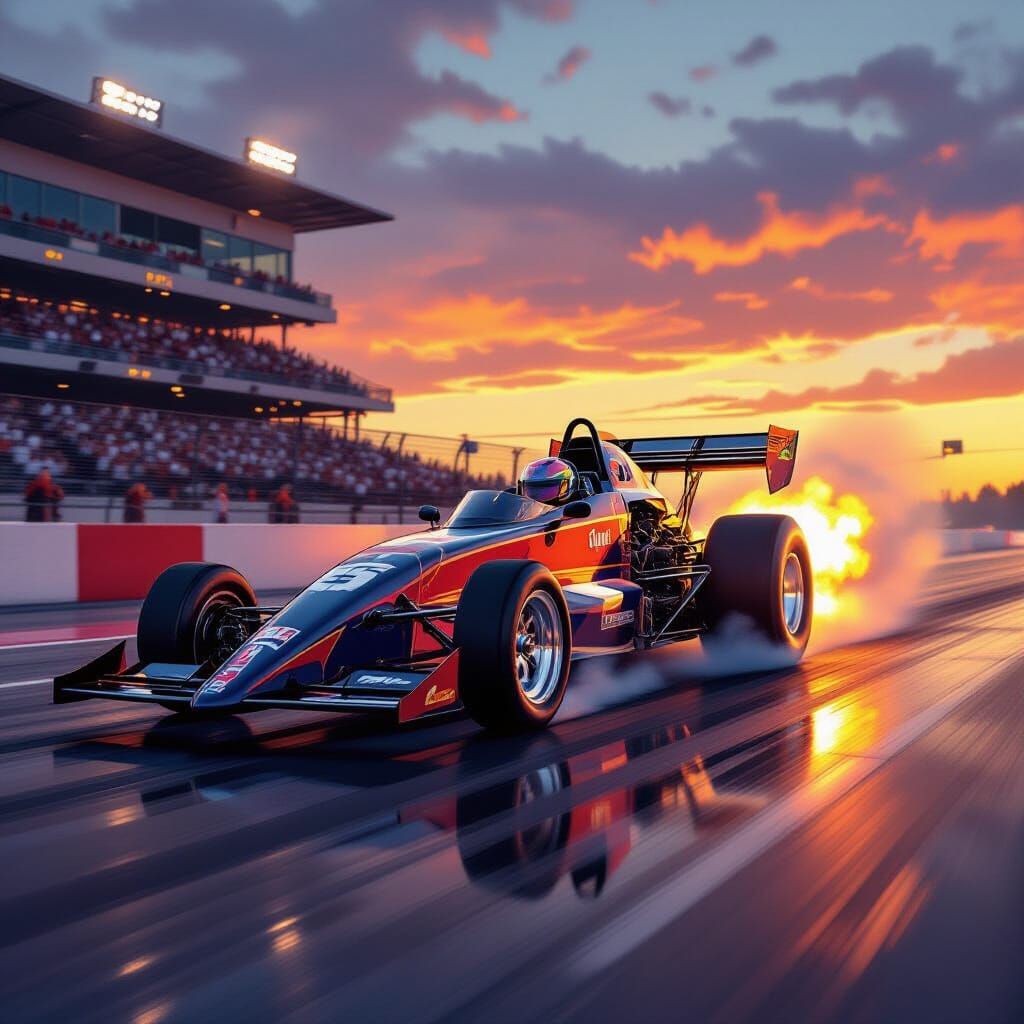 Top Fuel Dragster Speeds Past at Sunset in Retro Style