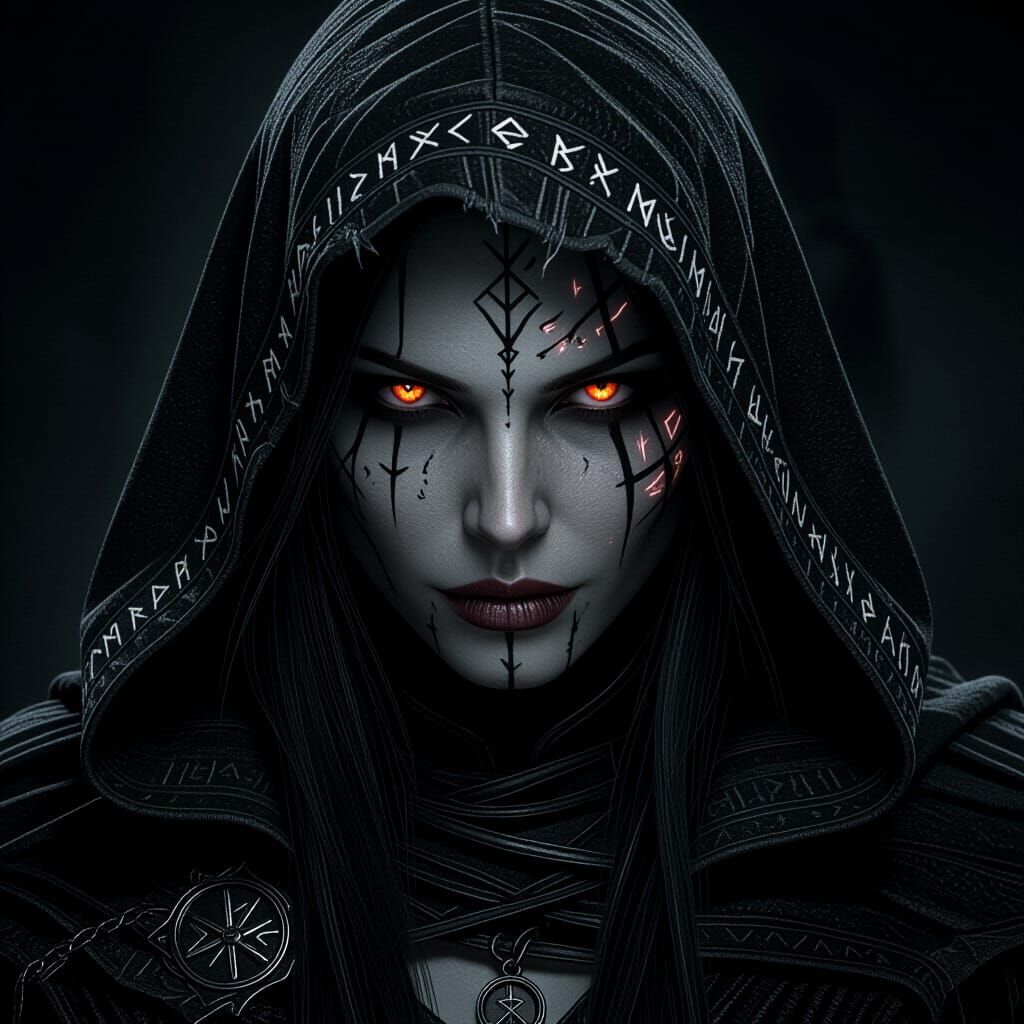 Dark Fantasy Sorceress Portrait with Fiery Eye