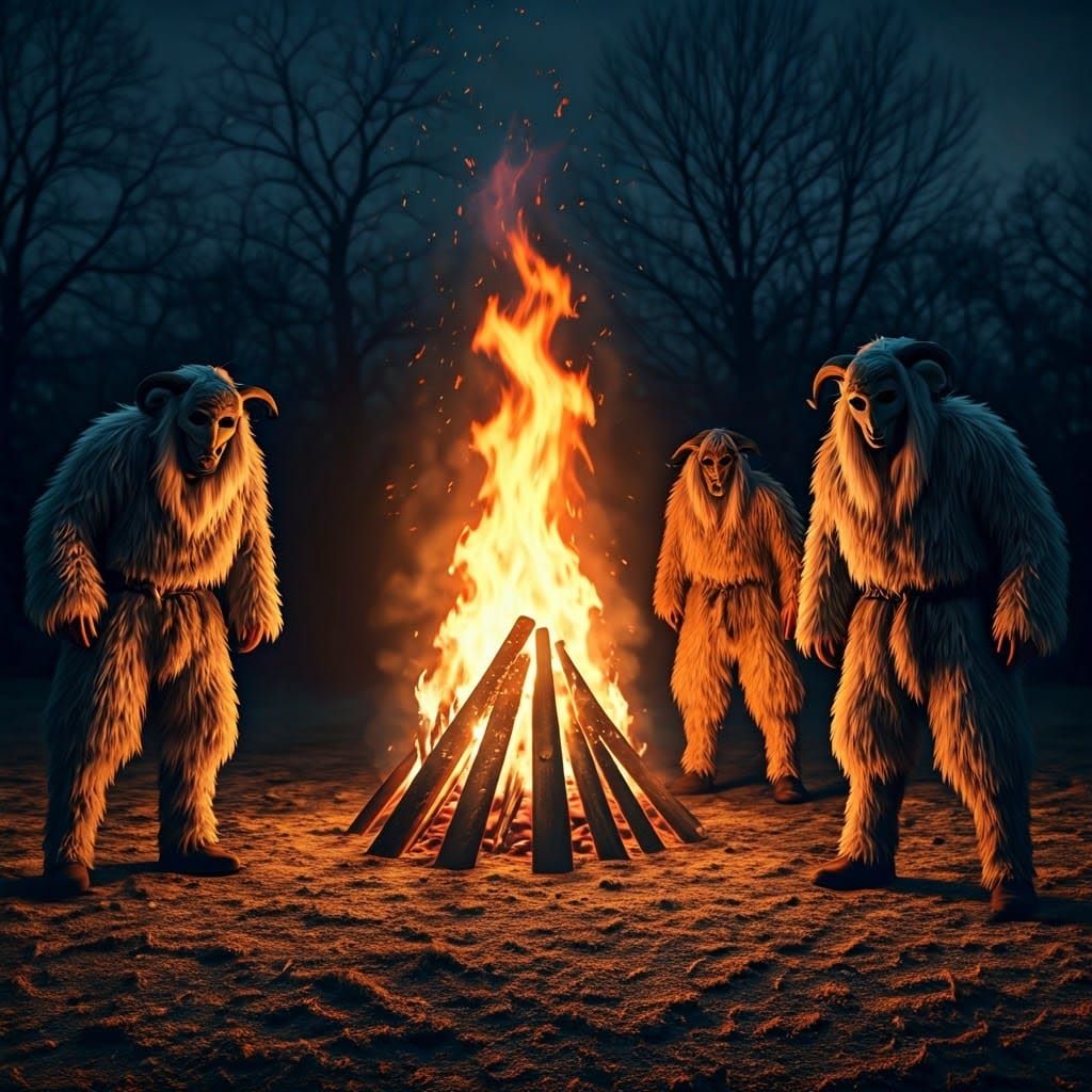 Eerie Bonfire Night Scene with Welsh Folklore Figures