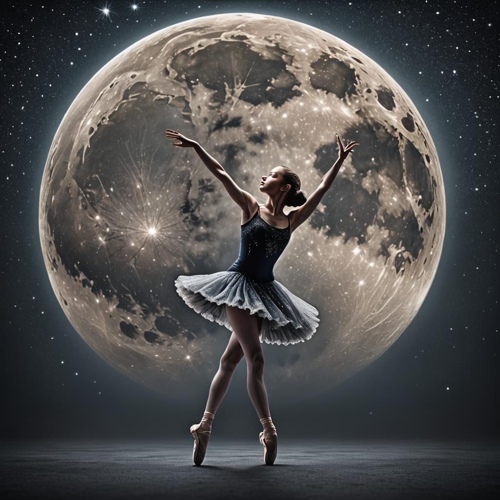 Ballet Dancer Silhouetted Under Starry Moonlit Sky