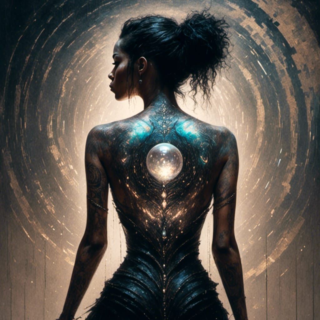 Woman's Magical Pearl Tattoo in Dark Atmosphere