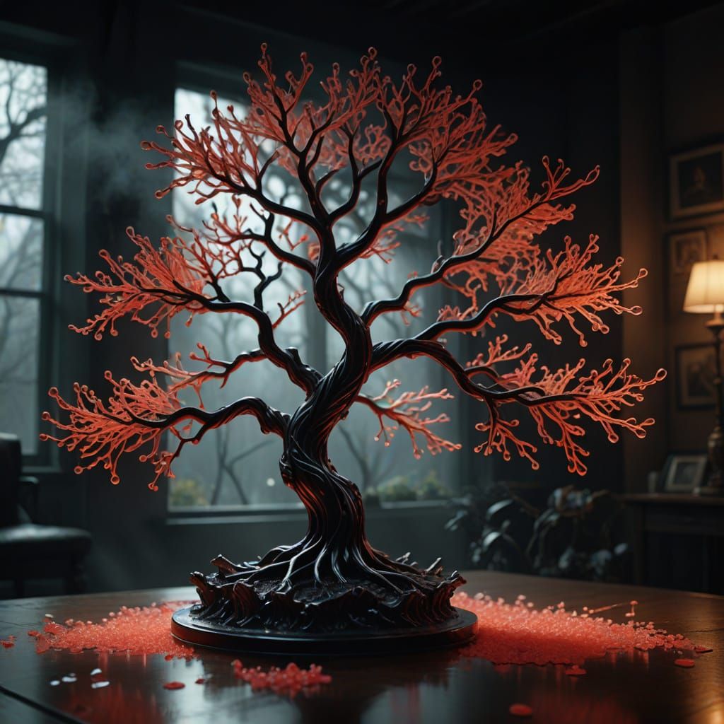 Hyperrealistic Glass Tree Sculpture in Moody, Atmospheric Li...