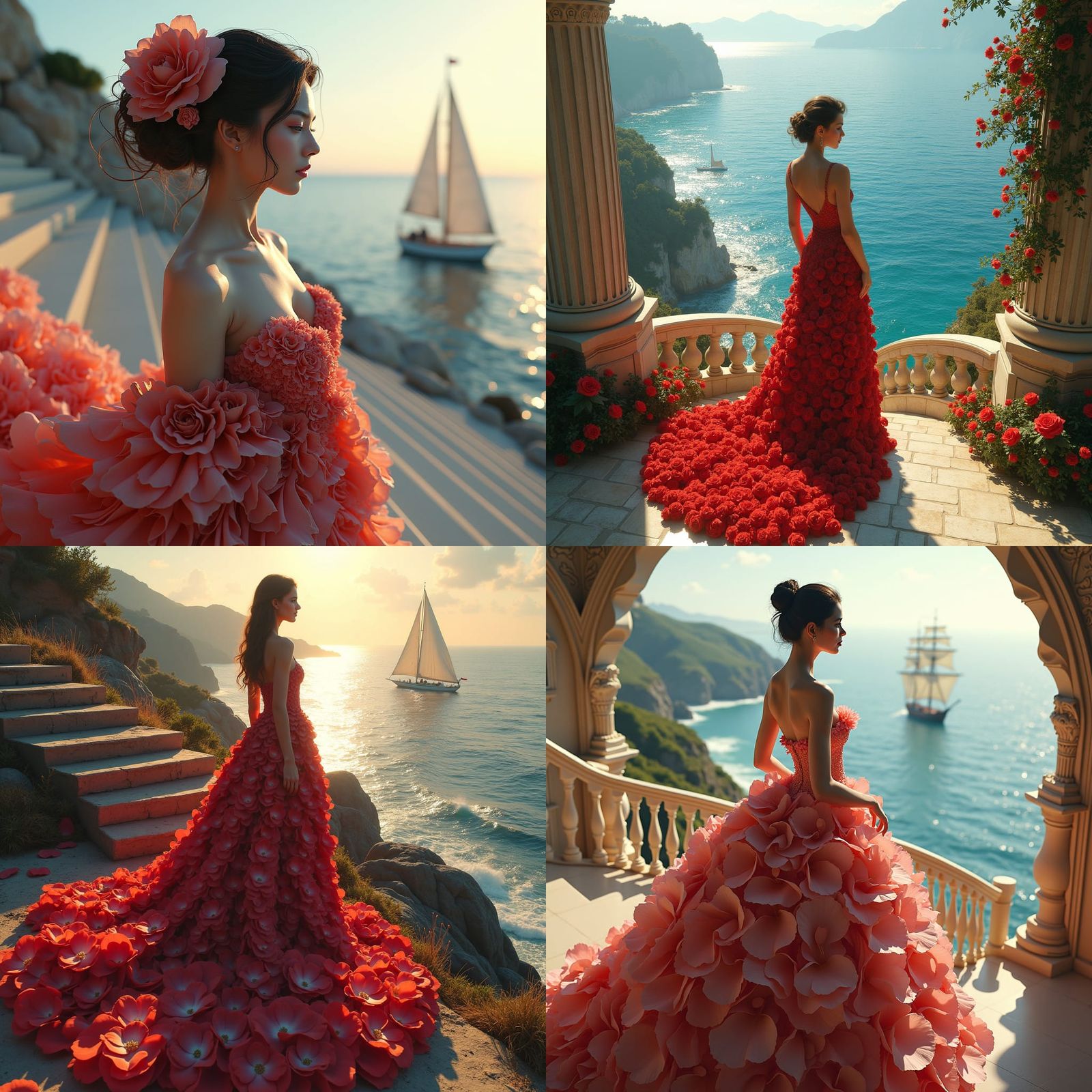 Rose Petal Dress Portrait with Ocean View in Art Nouveau Sty...