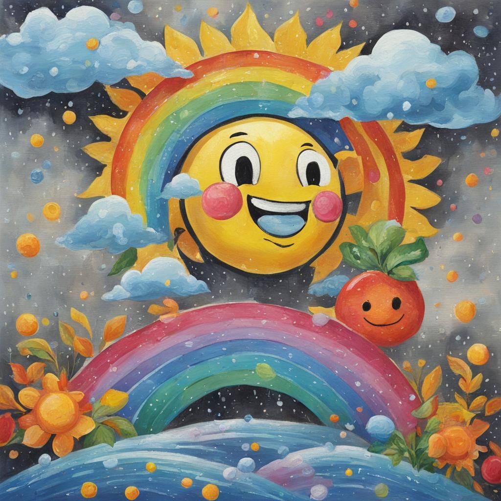 Smiley Sun with Rainbow Gouache Painting