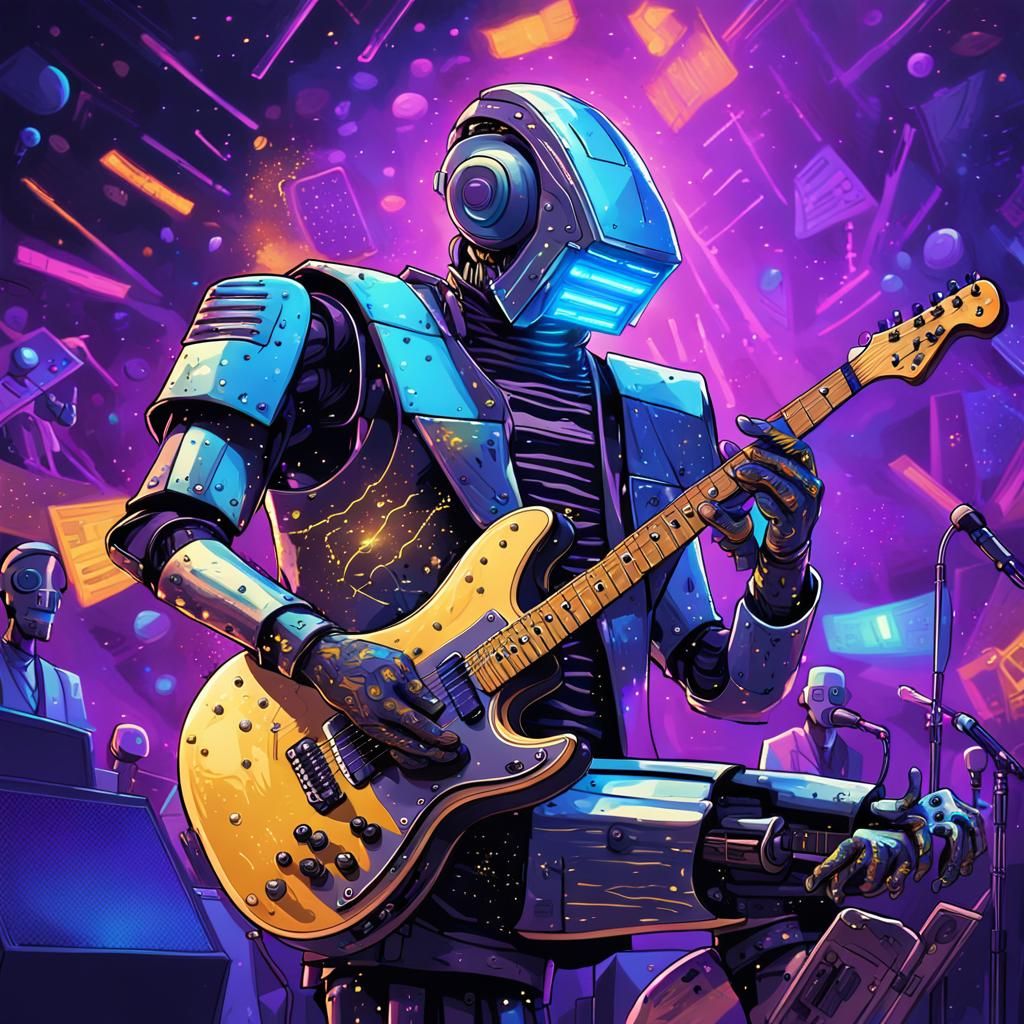 Robot Rock Concert in Neon-Lit Cyberpunk Style