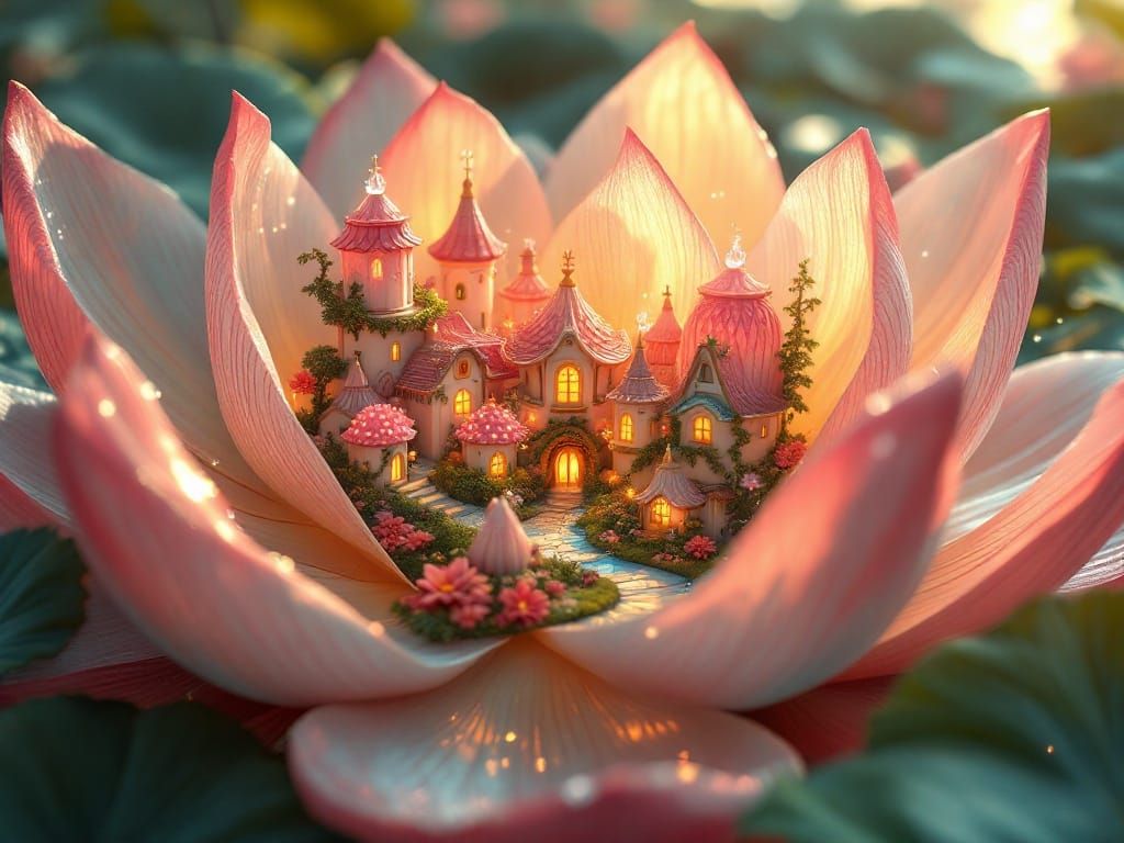 Ethereal Fairy Village Inside a Colossal Lotus Blossom