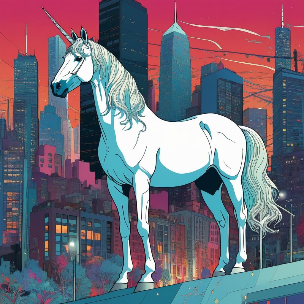 White Unicorn in City, Tomer Hanuka Style