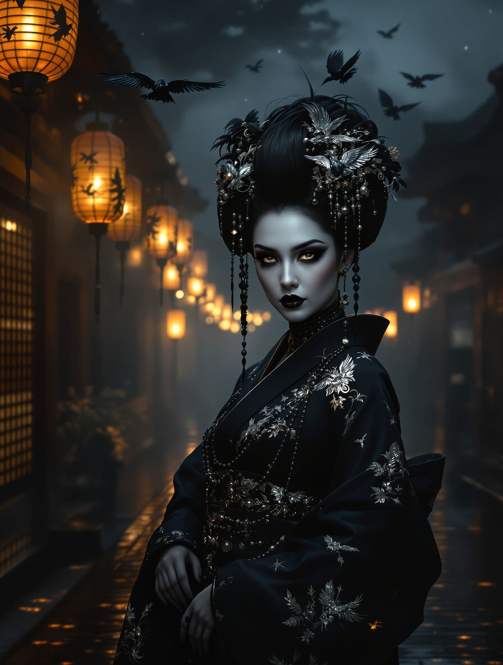 Gothic Oiran in Misty Lantern-Lit Yoshiwara Street