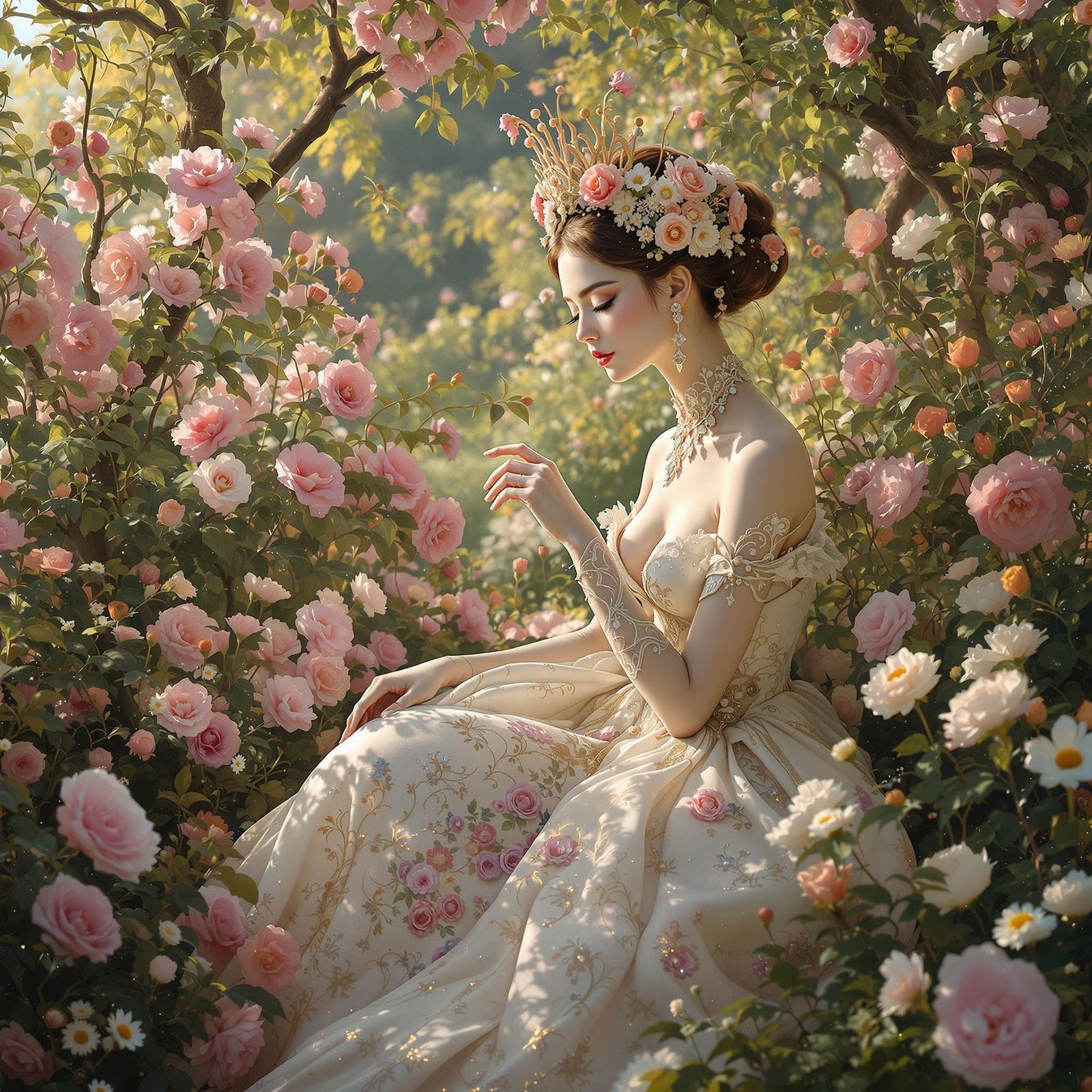 Elegant Woman in a Vibrant Garden, in the Style of Art Nouve...