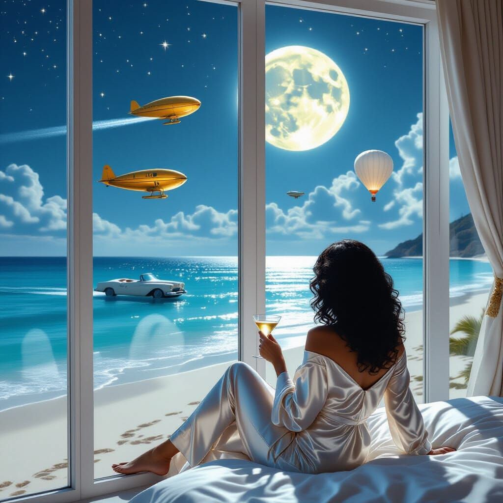Woman in Pajamas Gazes at Moonlight Over Beach