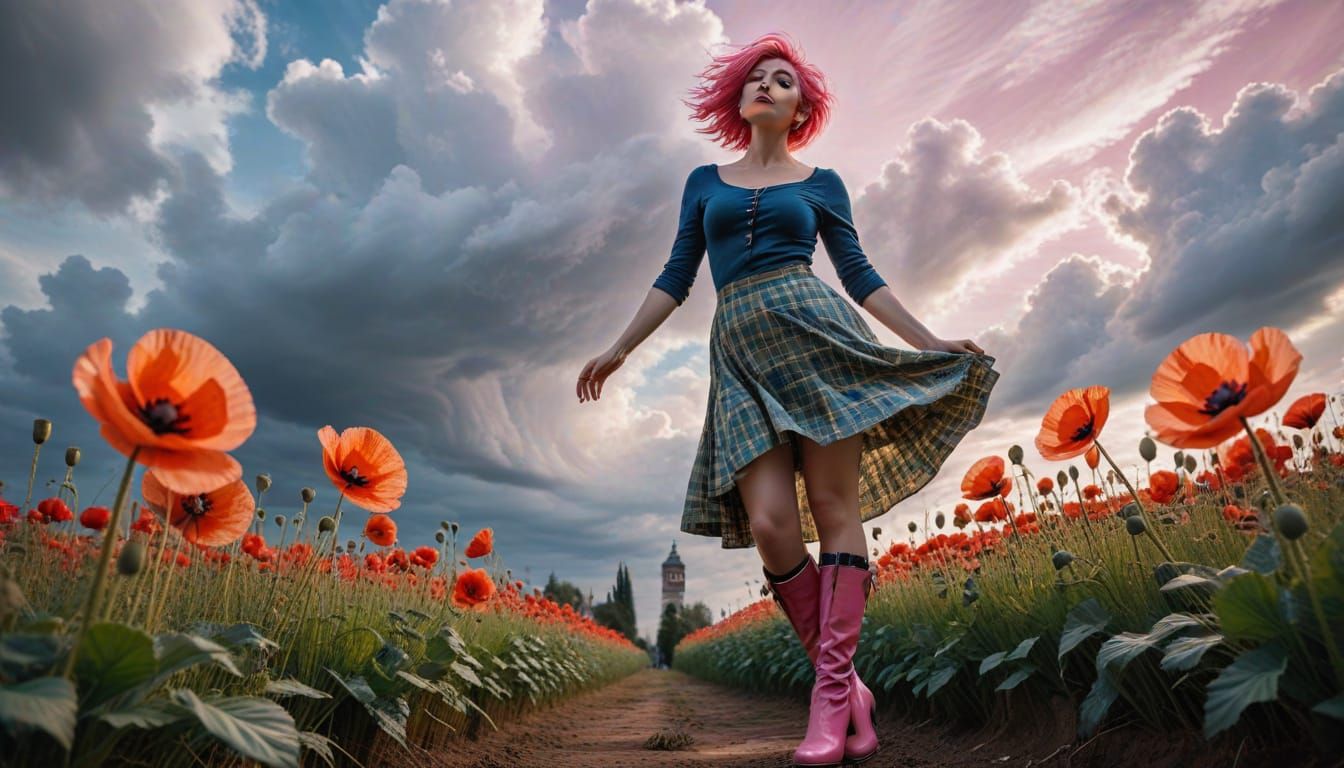 Woman with Poppy Flower in Impressionist Urban Scene