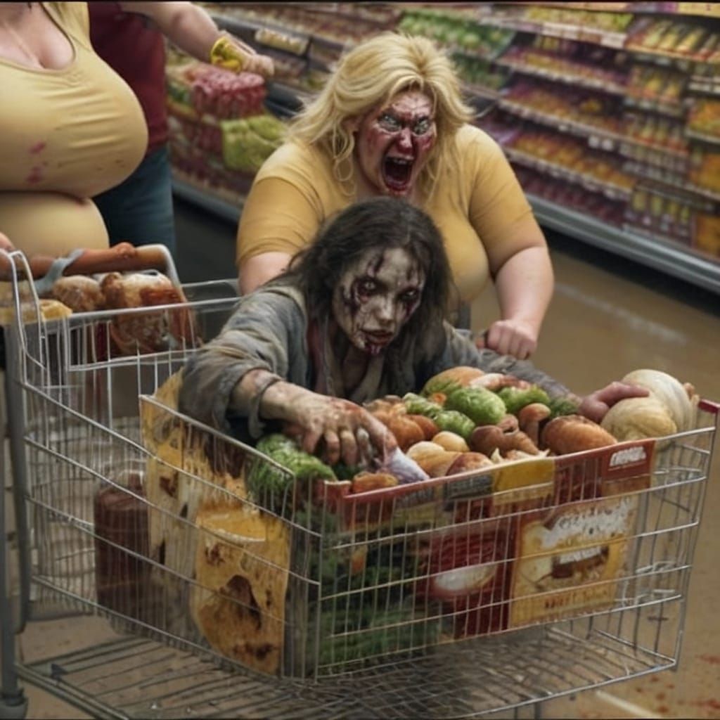 Zombie Woman and Shopper in Chaotic Grocery Store