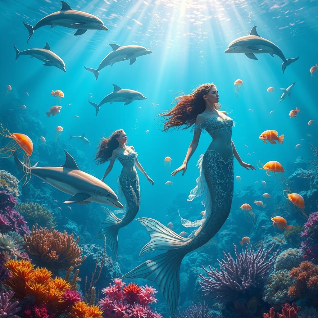 Ethereal Aquatic Realm with Mermaids and Sea Creatures