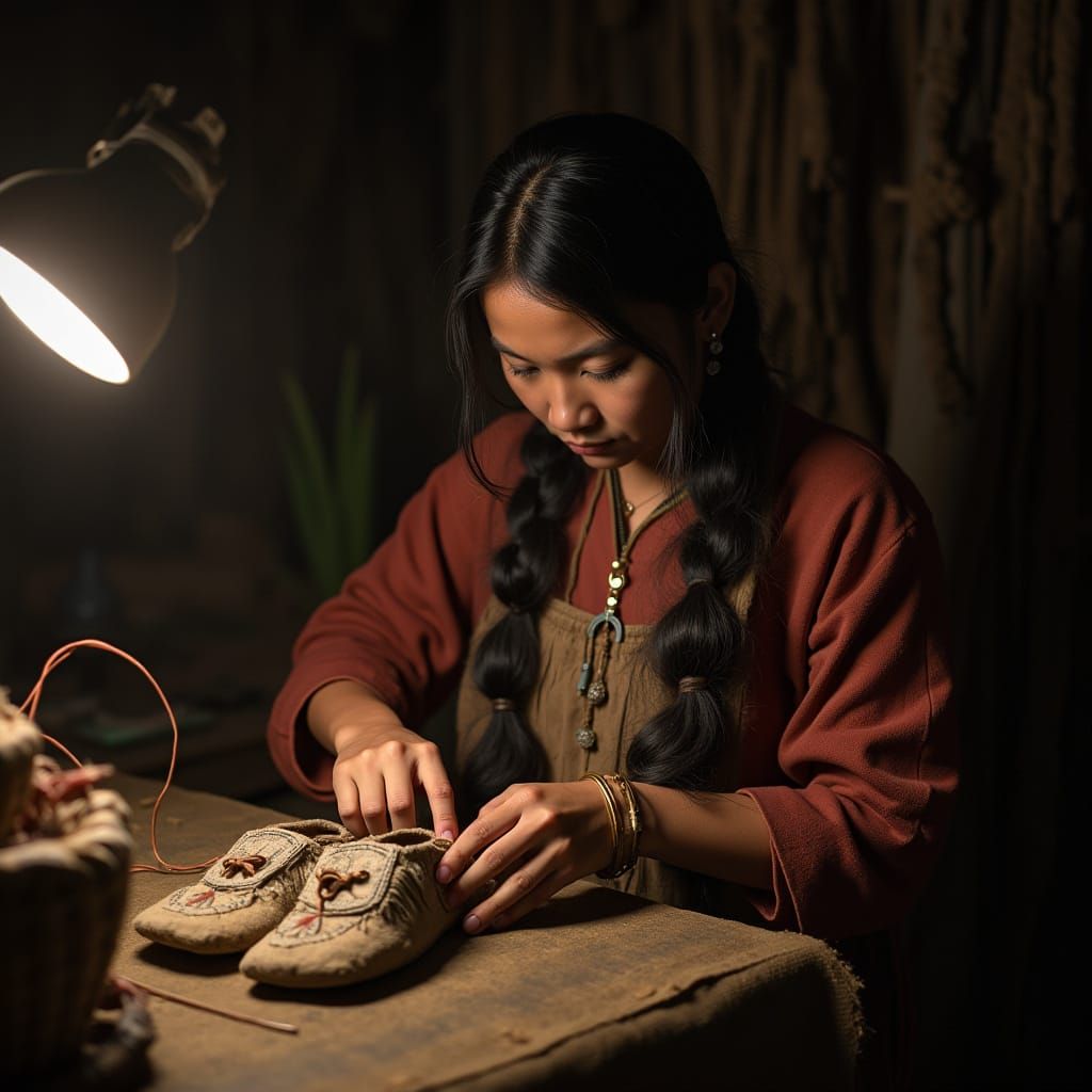 Indian Artisan Sewing Moccasins Ultra Realistic Cinematic