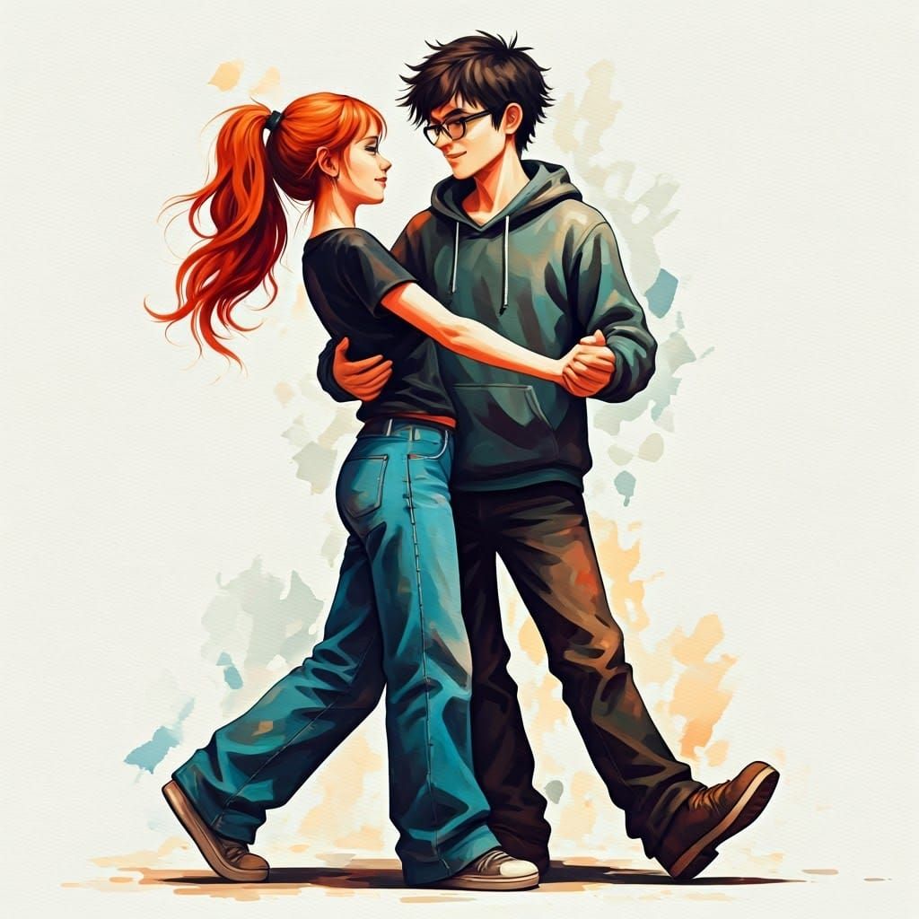 Couple Waltzing: Gouache and Watercolor Impressionism