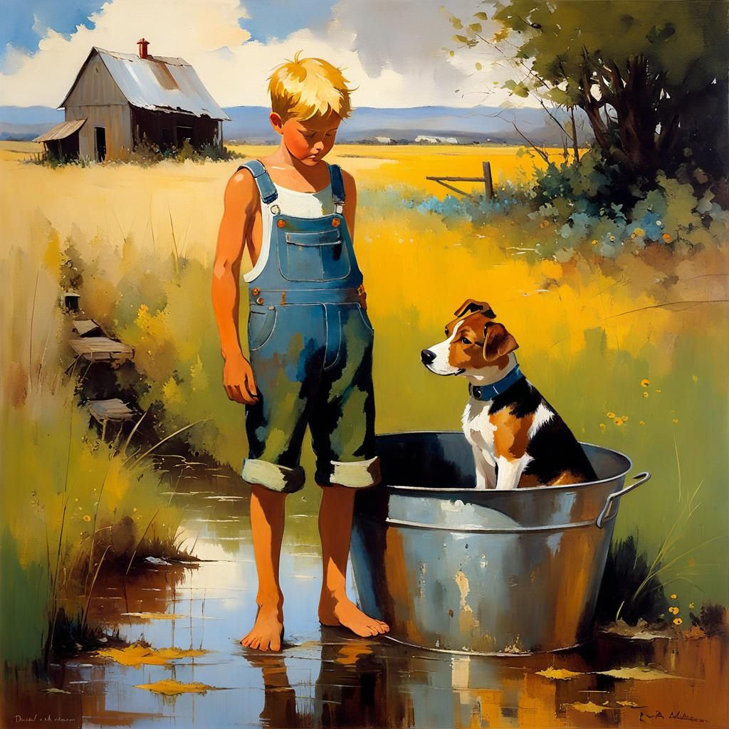 Boy Bathing Dog: Surreal Oil Painting
