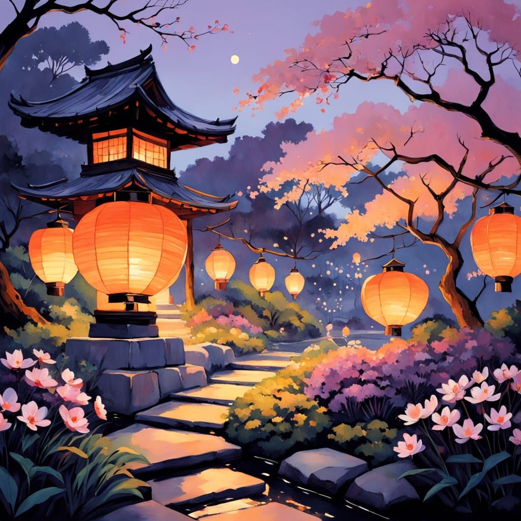 Whimsical Japanese Garden at Sunset