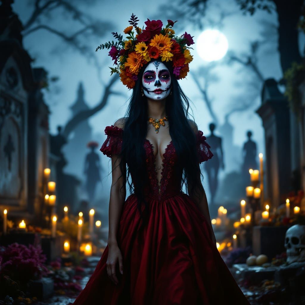 Latina Woman in Catrina Style Celebrating Day of the Dead
