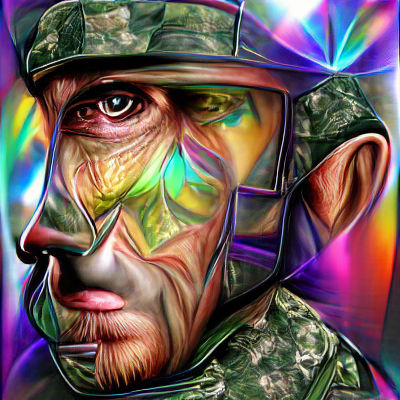 Holographic Soldier Portrait in Hyperreal Psychedelic Style