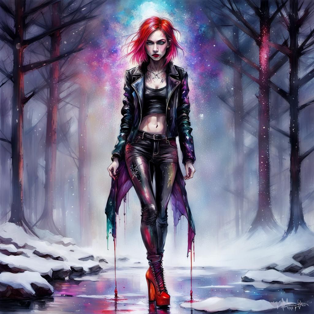 Gothic Woman with Latex Jacket in Christmas Snow