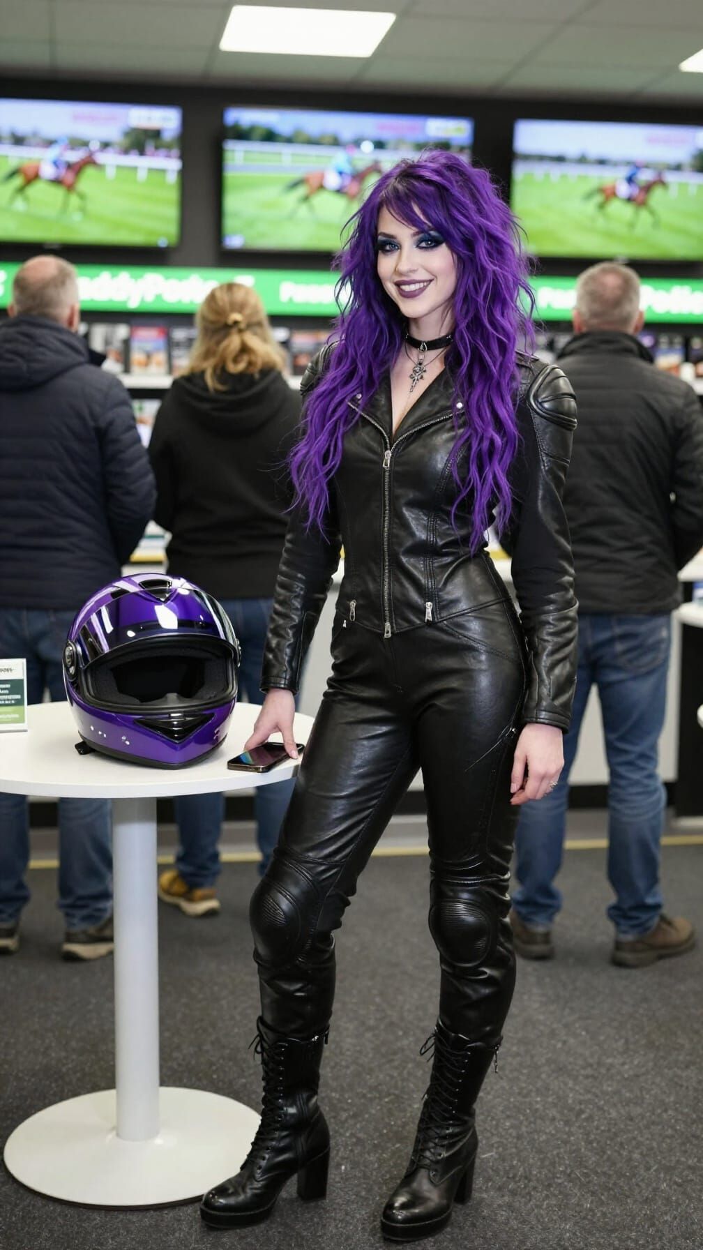 Goth Woman in Bookies with Motorcycle Gear