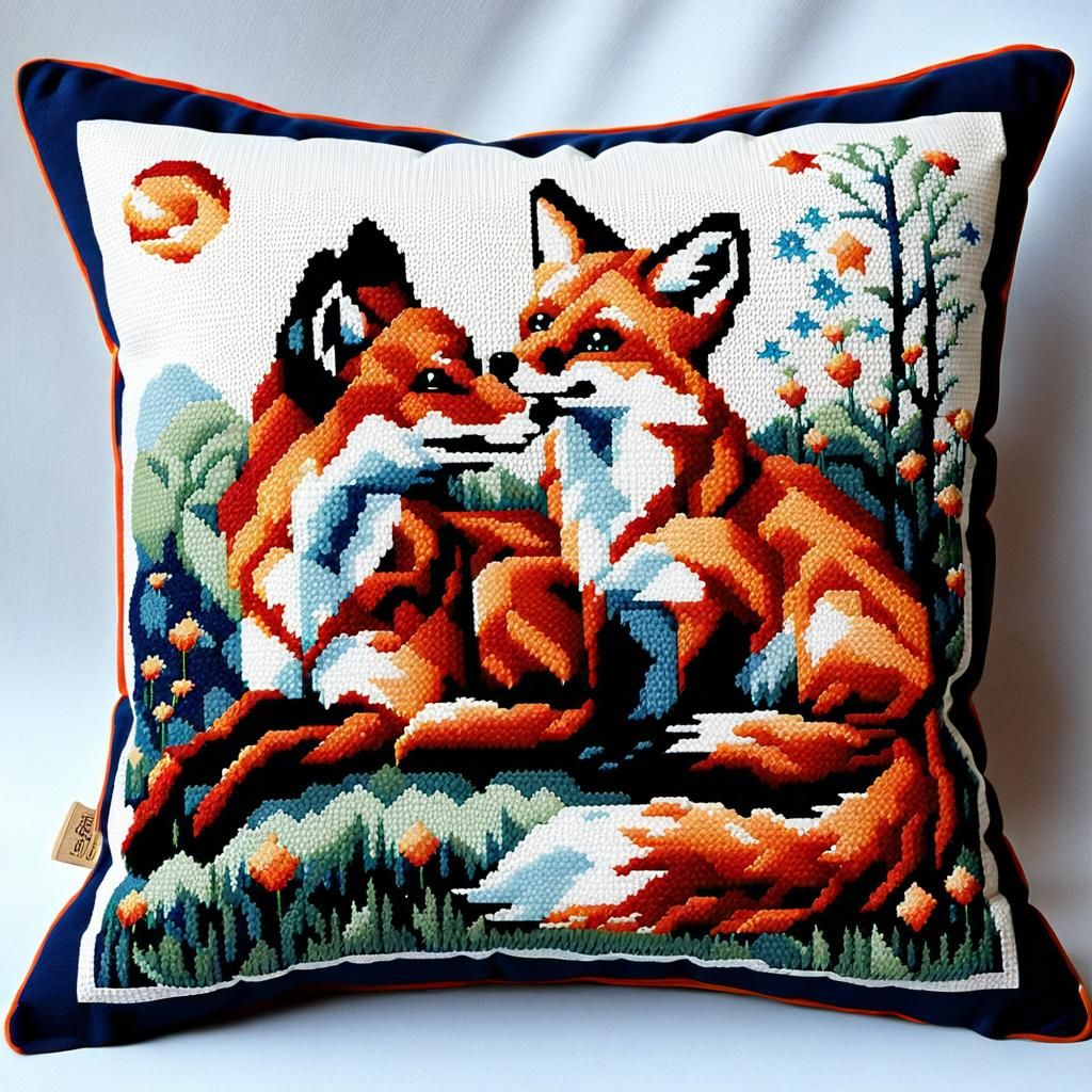 Foxes Playing in Cross-Stitch Style