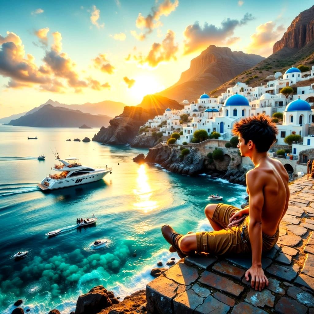 Santorini Sunset with Young Greek Boy Watching Luxury Yacht