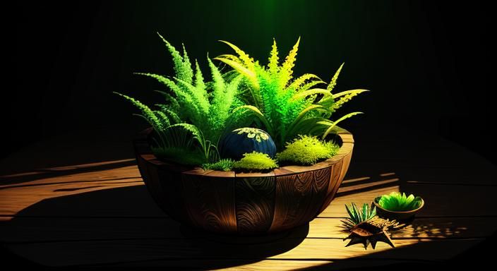 Glowing Green Plant Sprigs in Wooden Bowl
