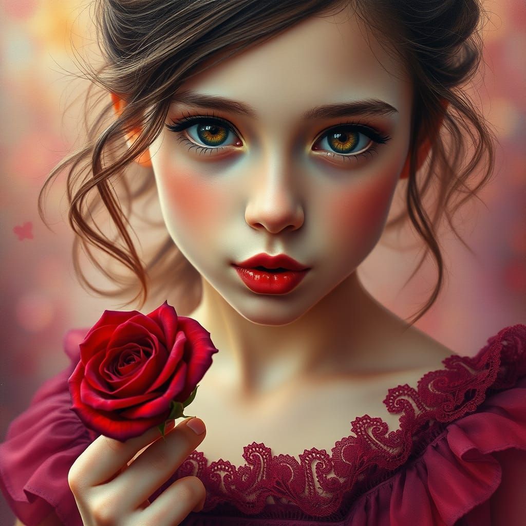 Enchanting Girl Blows Kiss in Whispers of Purple and Red
