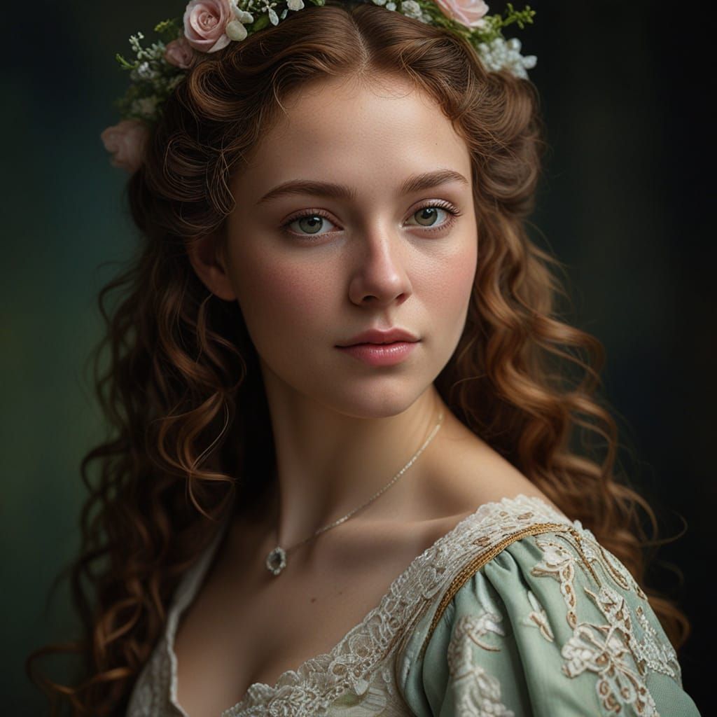 Ethereal Queen in Ivory Lace, Dark Academia Oil Painting