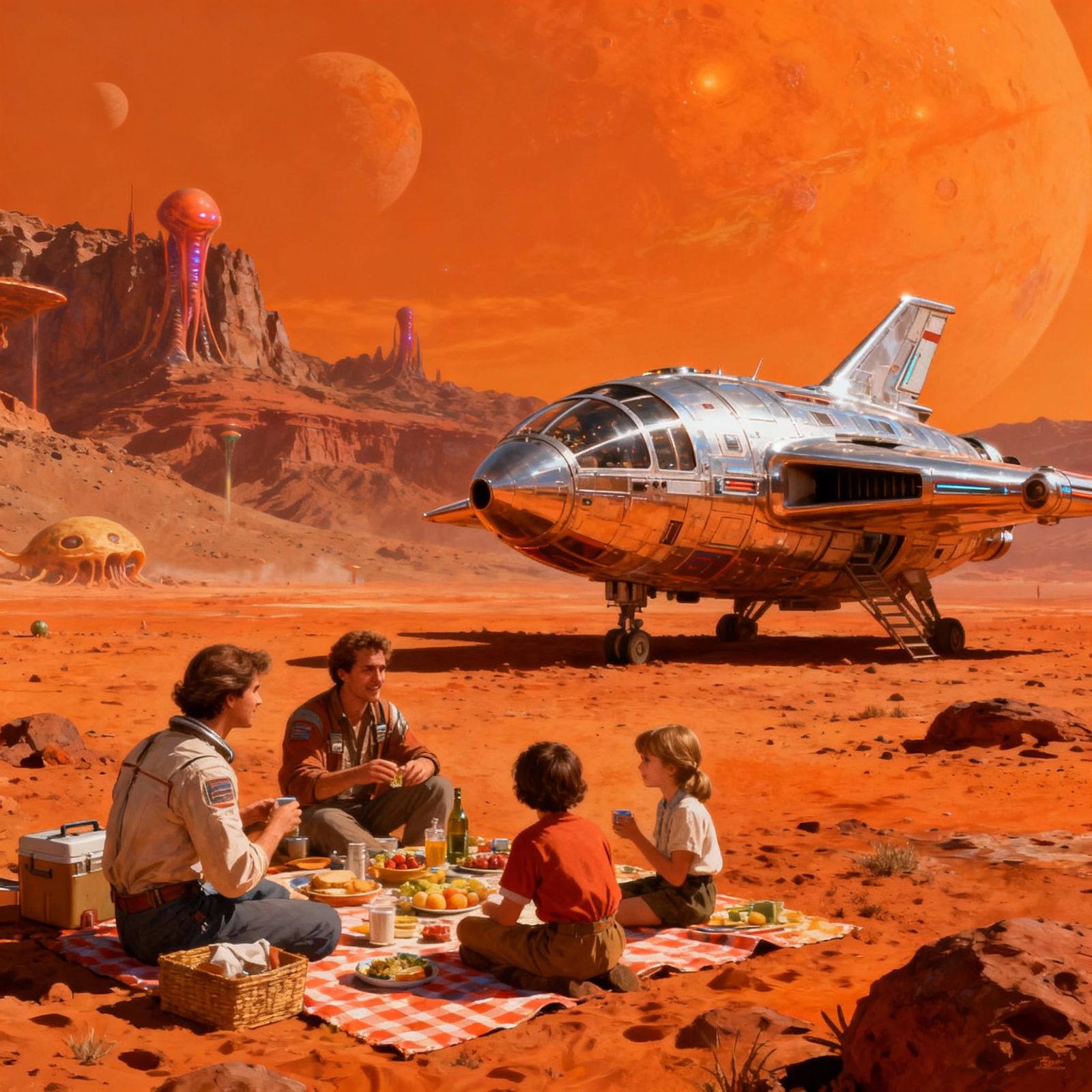 Family Picnic on Mars in Orange Hues