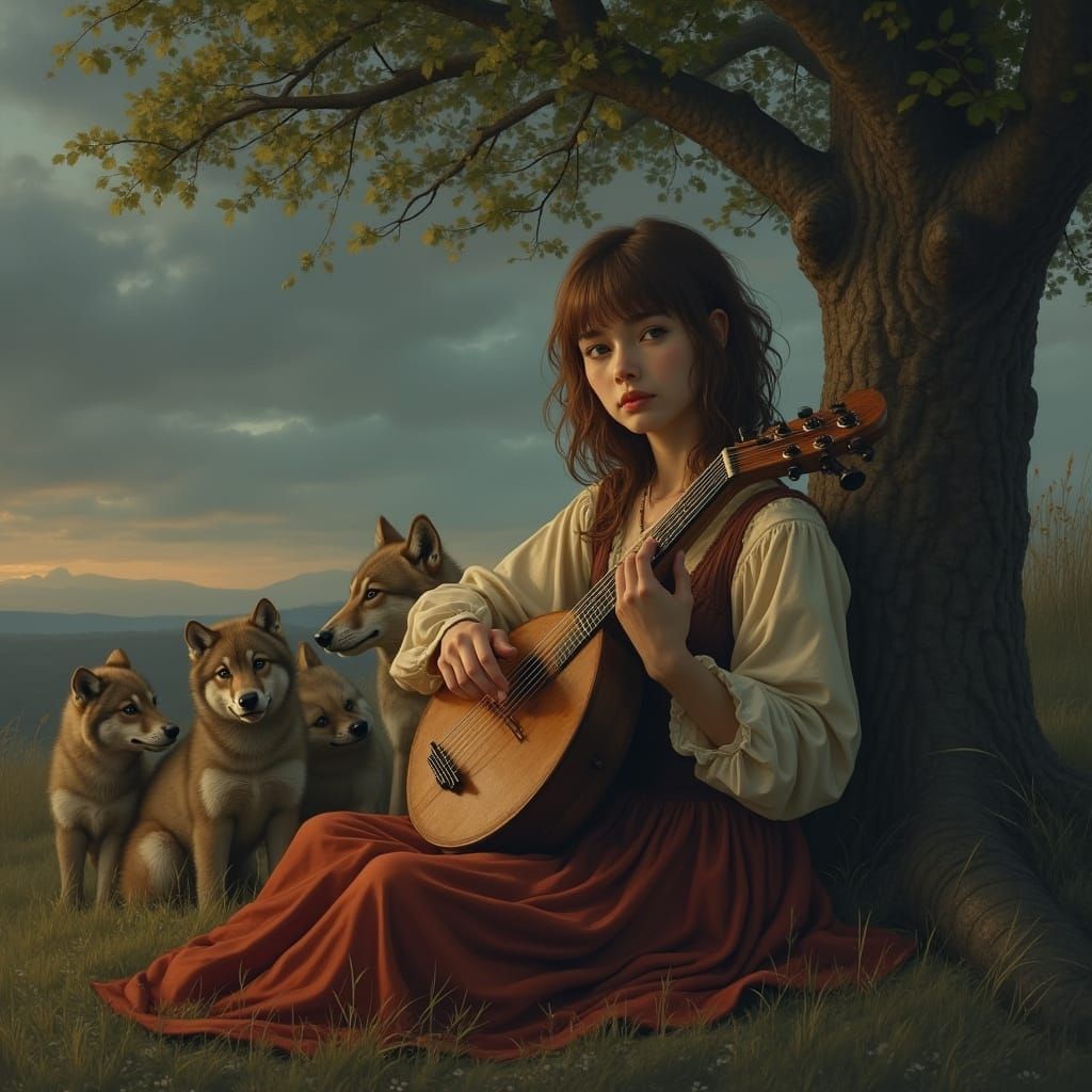 Woman with Lyre and Wolf Pups in Hyper-Realism