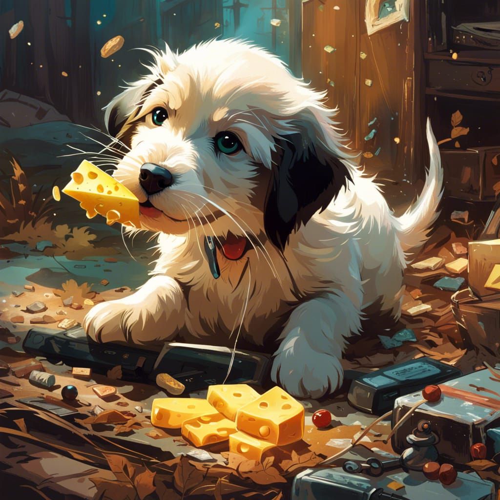 Puppy's Cheese Feast: Hyperdetailed Digital Art